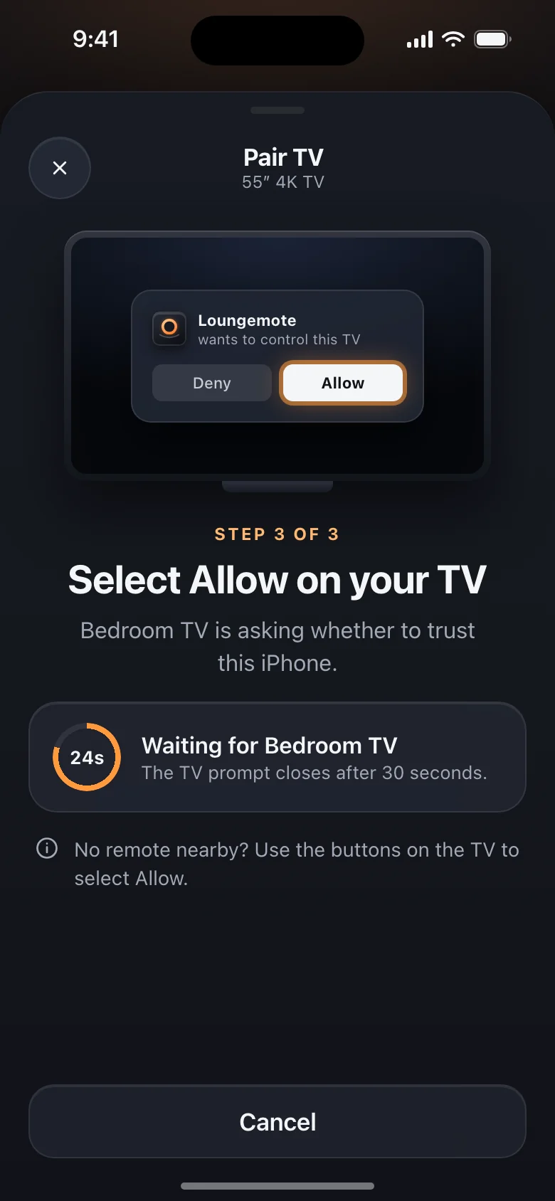 Pairing preview: the TV asks whether to trust this phone.